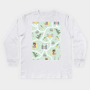 Childish seamless pattern with princess and dragon green background Kids Long Sleeve T-Shirt